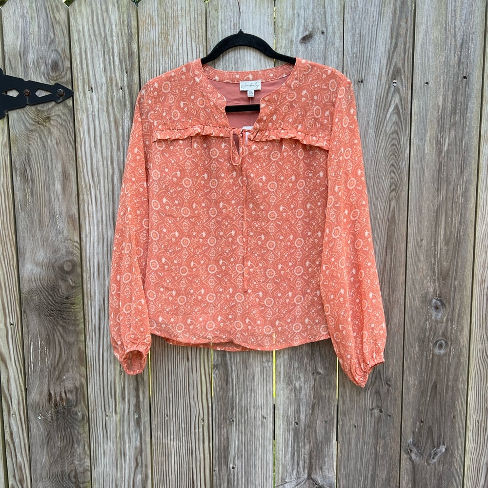 WONDERLY Coral Orange Long Sleeve Blouse Women’s Med Petite NWT NEW